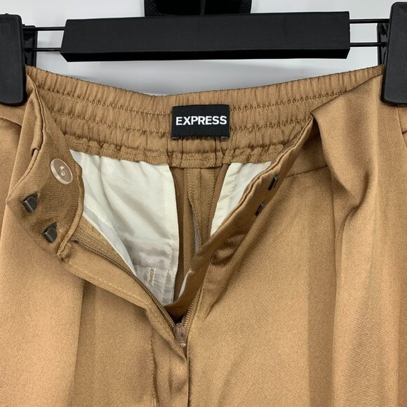 Express Pants Satin High Rise Straight Leg Pleated Ankle Crop Brown - Picture 4 of 10